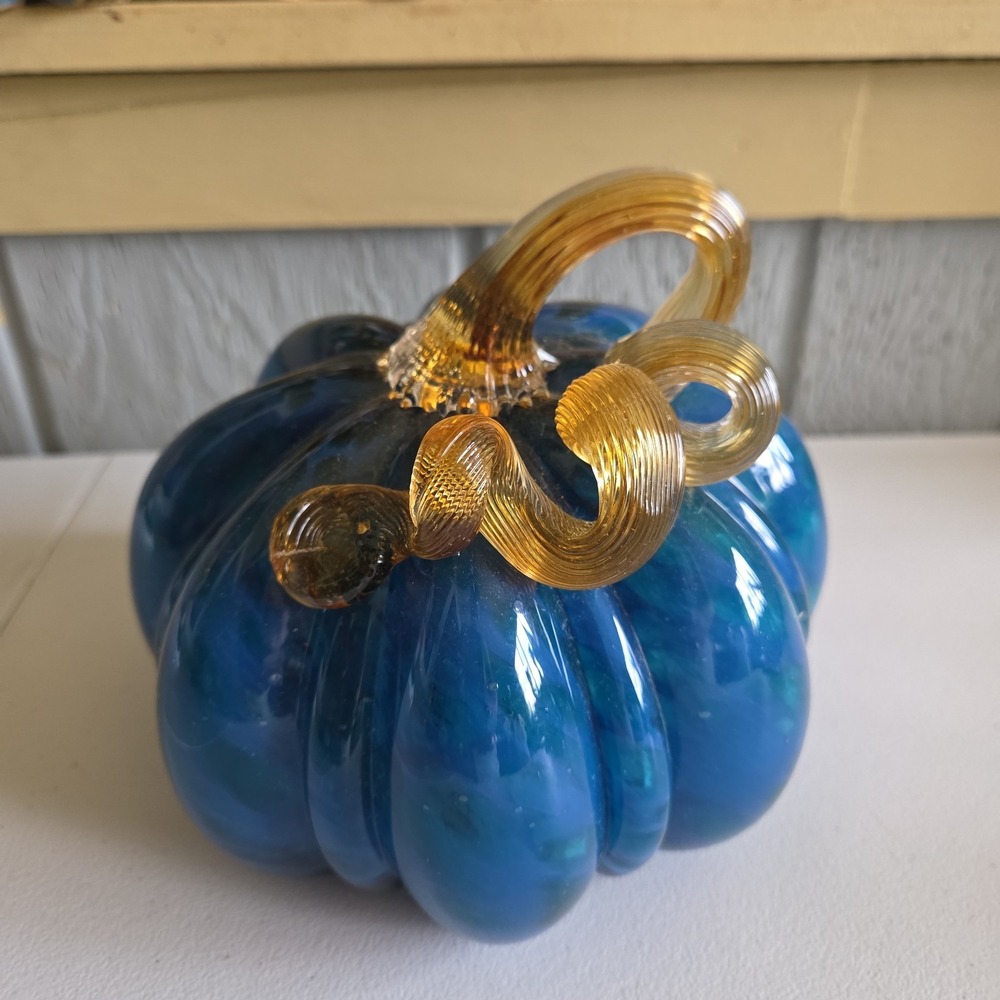 Blown Art Glass Pumpkin Iridescent Turquoise Leopard Fall Harvest Swirl Stem